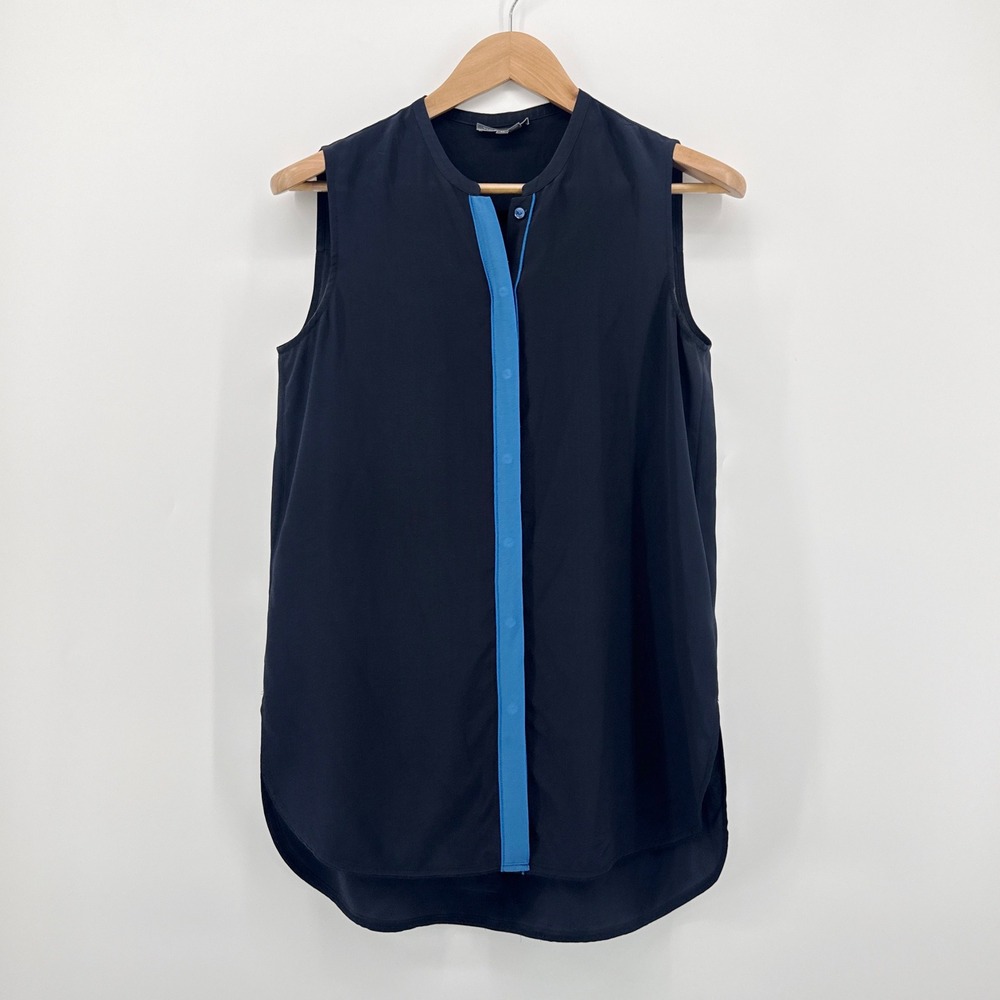 Vince 100% Silk Colorblock Sleeveless Blouse Navy Blue Hidden Placket Medium EUC